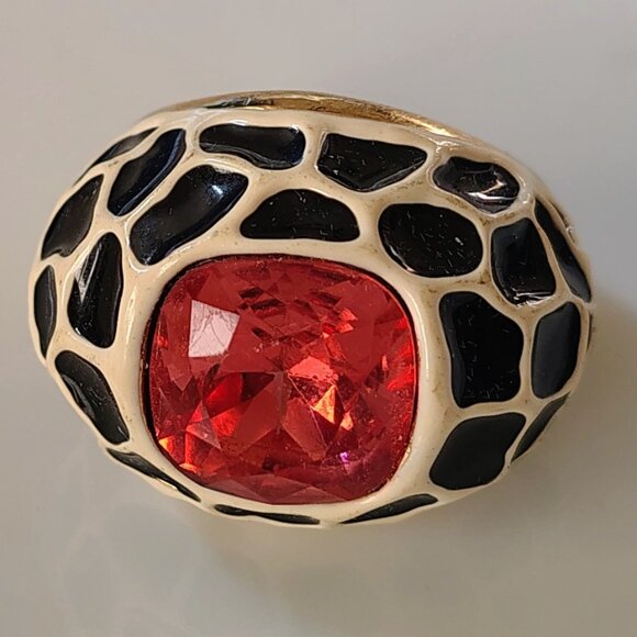 Vtg Kenneth Jay Lane KJL Black & Cream Enamel Huge Pink Orange Crystal Ring - Picture 1 of 7